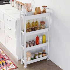 Slim Rolling Storage Cart 4-Tier Bathroom Organizer with Handles-White