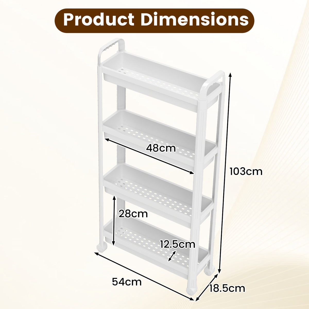 Slim Rolling Storage Cart 4-Tier Bathroom Organizer with Handles-White