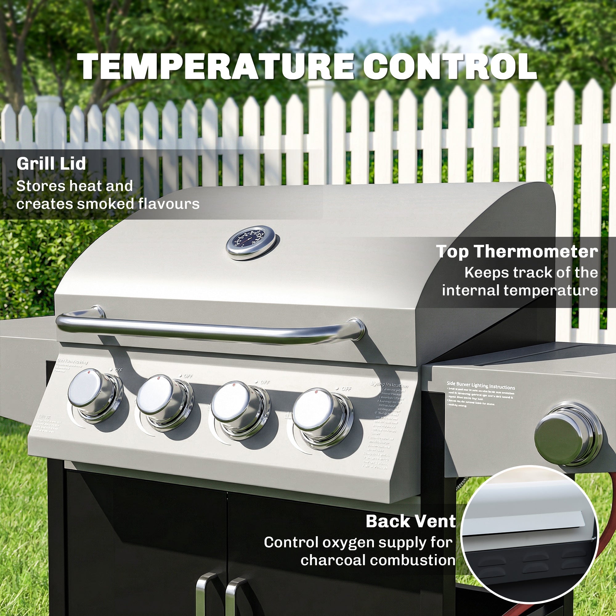 Outsunny 4+1 Burner Gas BBQ Grill with Side Burner, 50000 BTU Steel Portable Gas Barbecue Grill with Built-in Thermometer, Lid