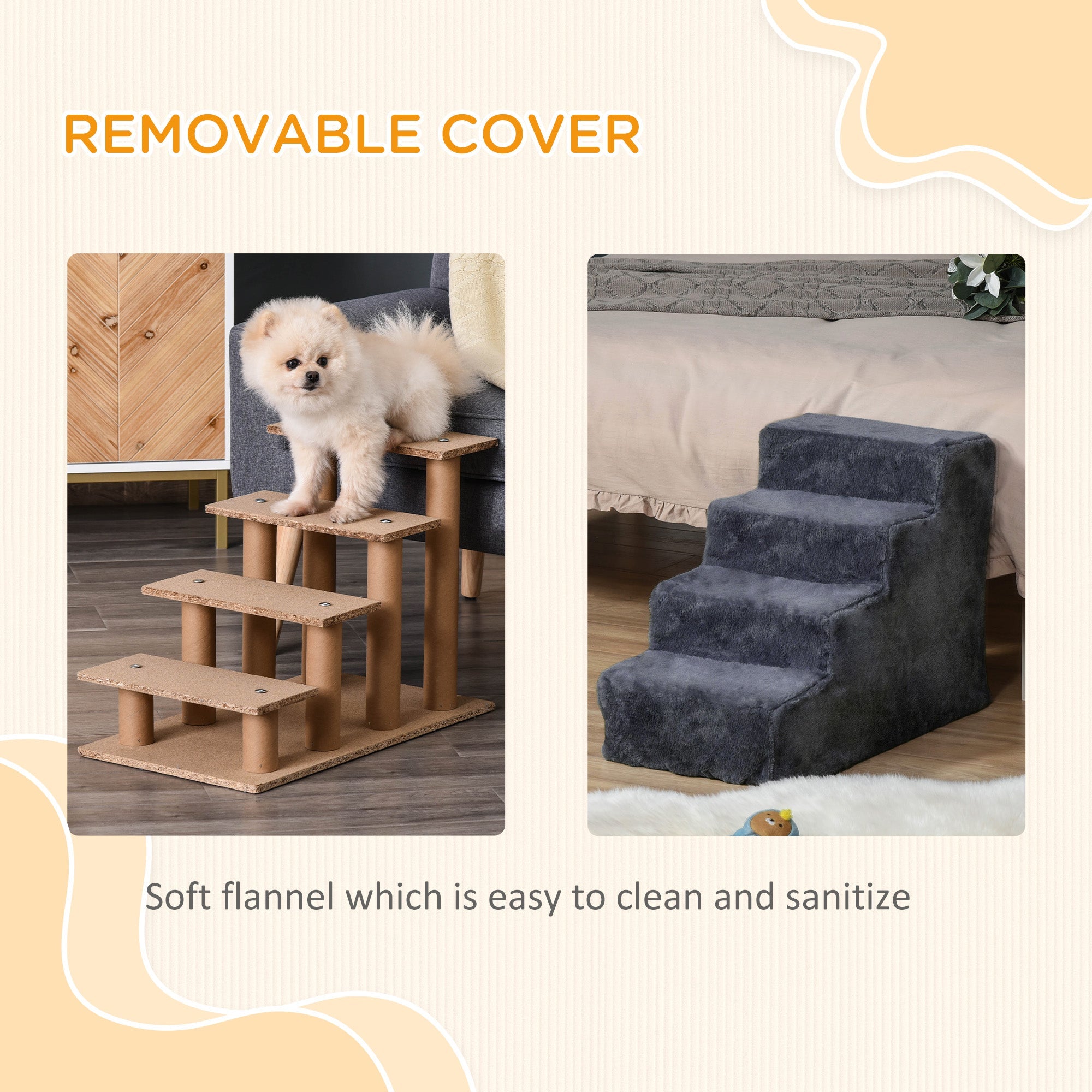 PawHut Four-Step Dog Stairs, with Washable Plush Cover, for High Bed Sofa, Dog Stairs for Small Dog and Cat - Dark Grey