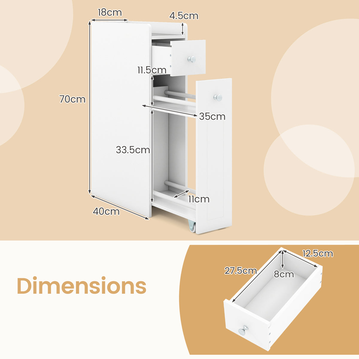 Small Bathroom Storage Cabinet 4-Tier Narrow Toilet Side Storage Cabinet with Slide Out Drawers on Casters-White