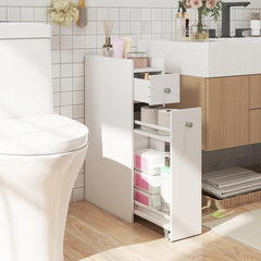 Small Bathroom Storage Cabinet 4-Tier Narrow Toilet Side Storage Cabinet with Slide Out Drawers on Casters-White