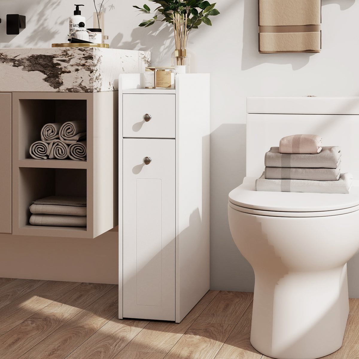 Small Bathroom Storage Cabinet 4-Tier Narrow Toilet Side Storage Cabinet with Slide Out Drawers on Casters-White