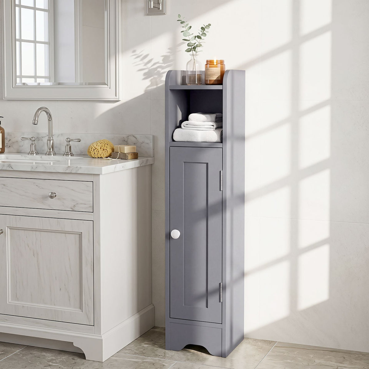 Small Bathroom Storage Cabinet with Door and Adjustable Shelves-Grey