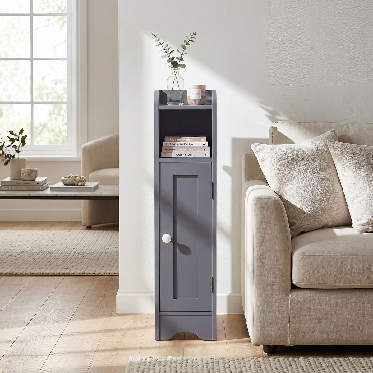 Small Bathroom Storage Cabinet with Door and Adjustable Shelves-Grey