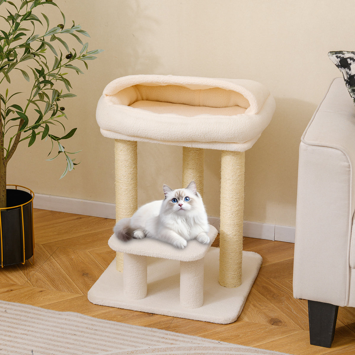 Small Cat Tree for Indoor Cats with Sisal Scratching Posts-White