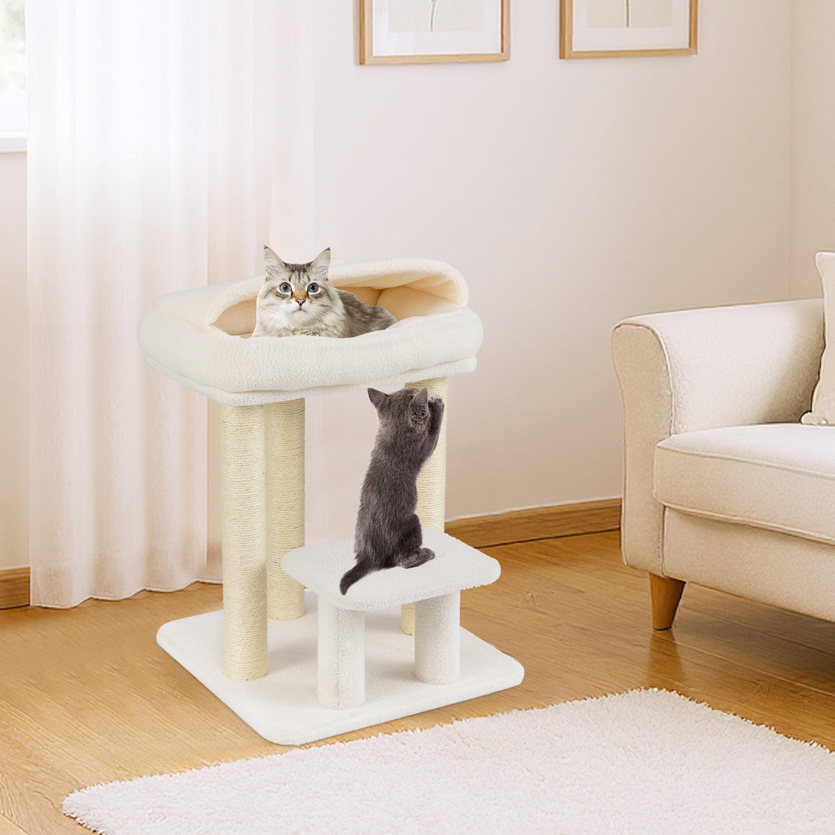 Small Cat Tree for Indoor Cats with Sisal Scratching Posts-White