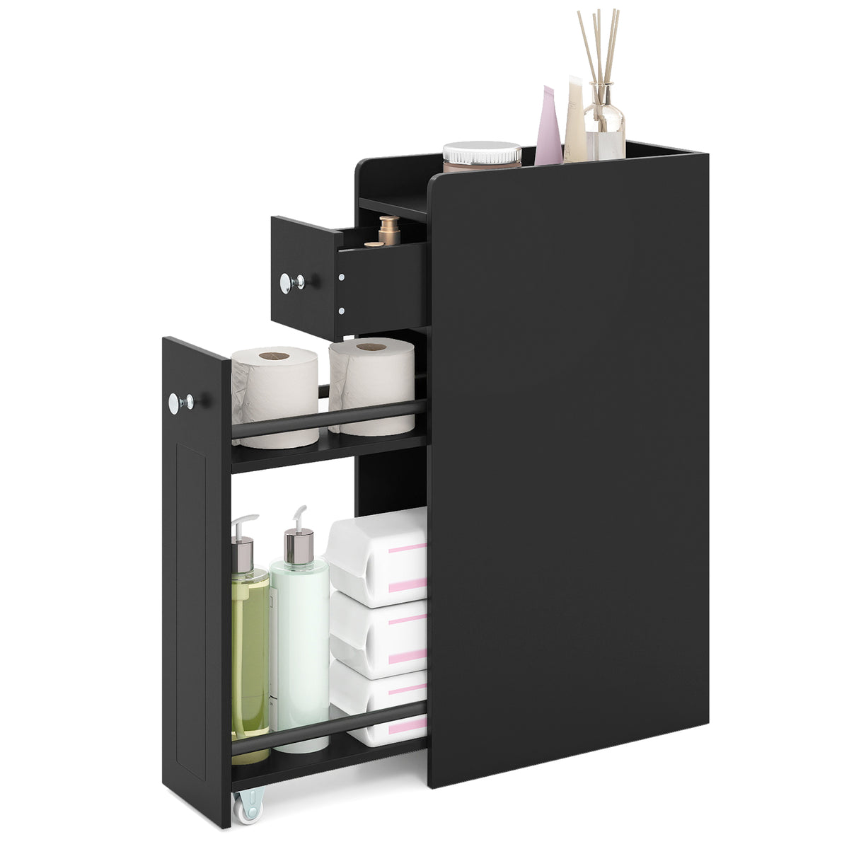 Small Bathroom Storage Cabinet 4-Tier Narrow Toilet Side Storage Cabinet with Slide Out Drawers on Casters-Black