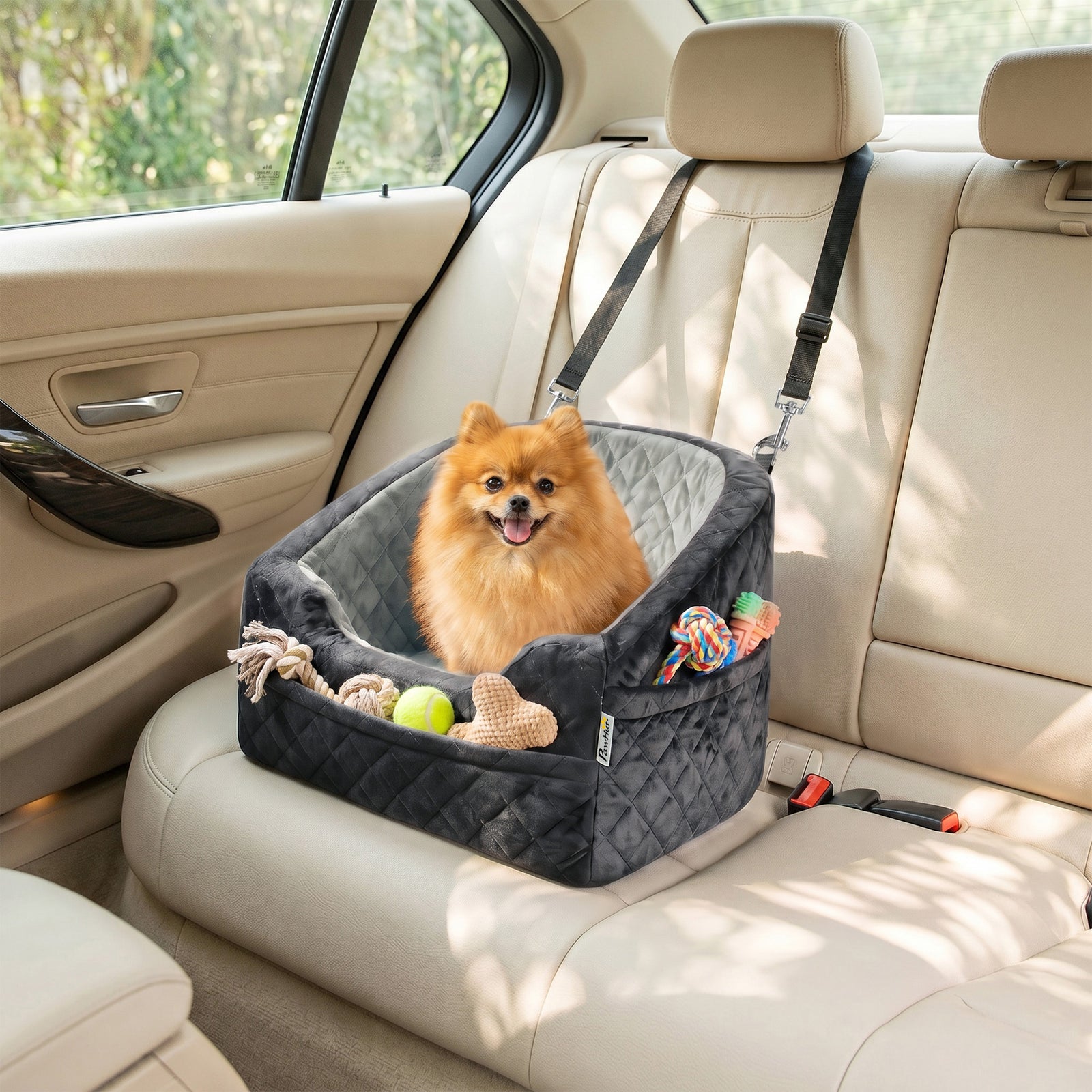 PawHut Dog Car Seat, Detachable Washable Dog Booster Seat with Thick Cushion, Seat Belt, Pockets for Small Under 10kg, Grey