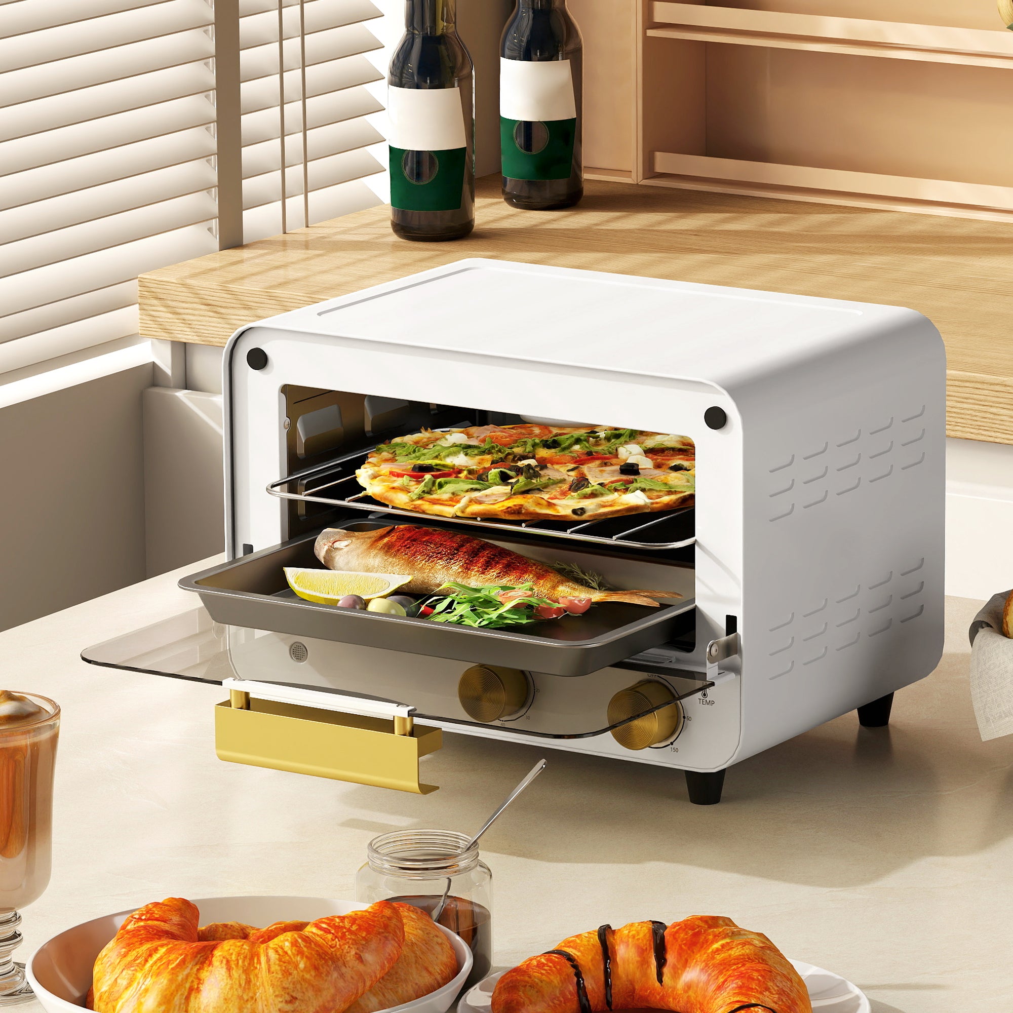 HOMCOM Small Toaster Oven, 12L Multifunction Mini Countertop Oven with Glass Door, Adjustable Temperature and Timer, Accessory Included, 750W, White