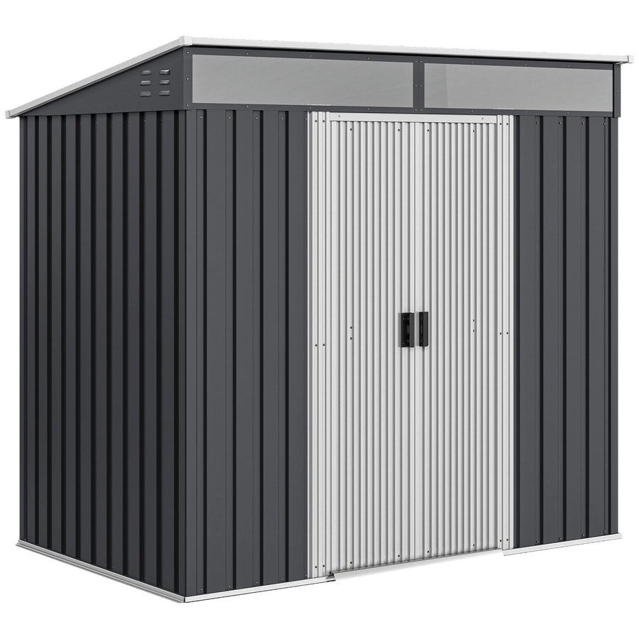 Outsunny 6.5 x 4FT Galvanised Metal Shed with Foundation Kit, Lockable Tool Garden Shed with Double Sliding Doors, Vents, Grey