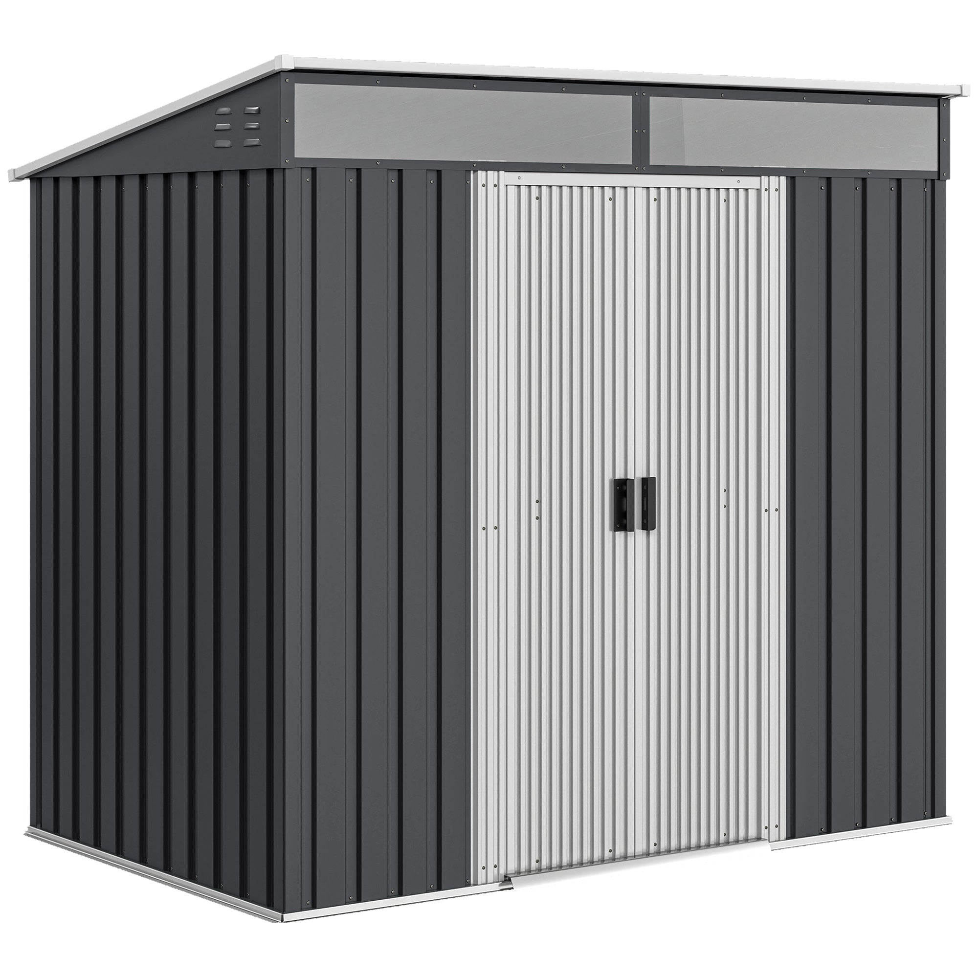 Outsunny 6.5 x 4FT Galvanised Metal Shed with Foundation Kit, Lockable Tool Garden Shed with Double Sliding Doors, Vents, Grey