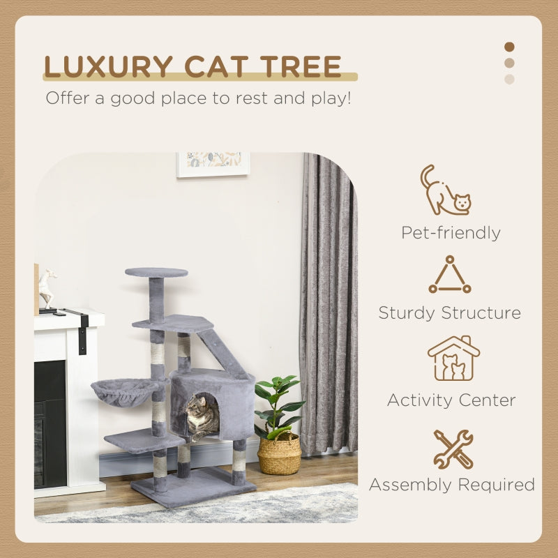 PawHut Cat Tree for Indoor Cats Kitten Scratching Post Scratch Scratcher Climb Activity Center Play House Pet Furniture 125cm (Grey)