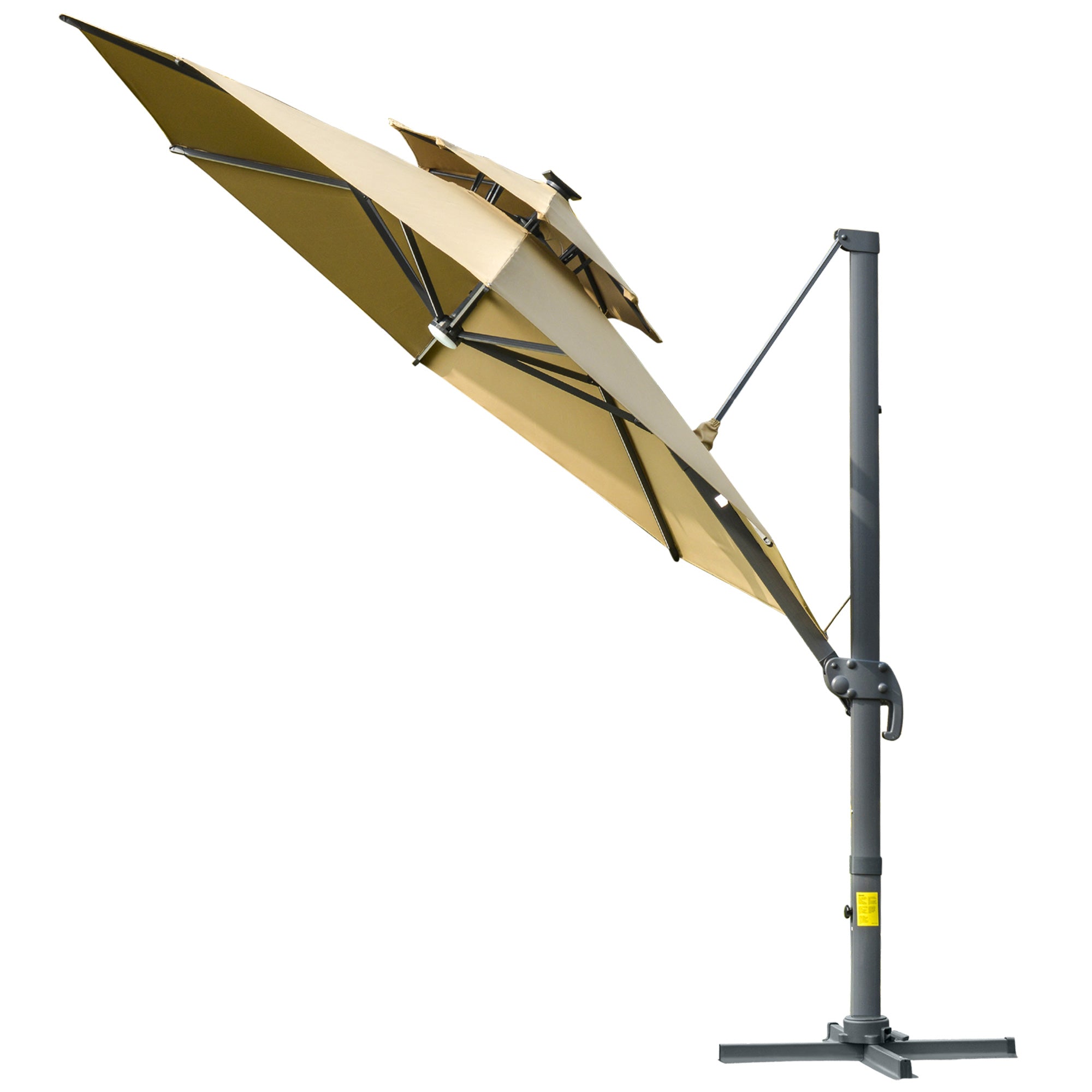 Outsunny 3m Cantilever Parasol w/ Solar Lights Power Bank Base 360√Ç¬∞ Spin Khaki