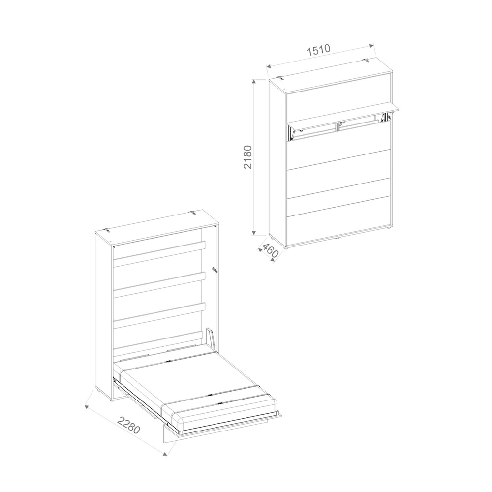 BC-01 Vertical Wall Bed Concept 140cm With Storage Cabinets and LED
