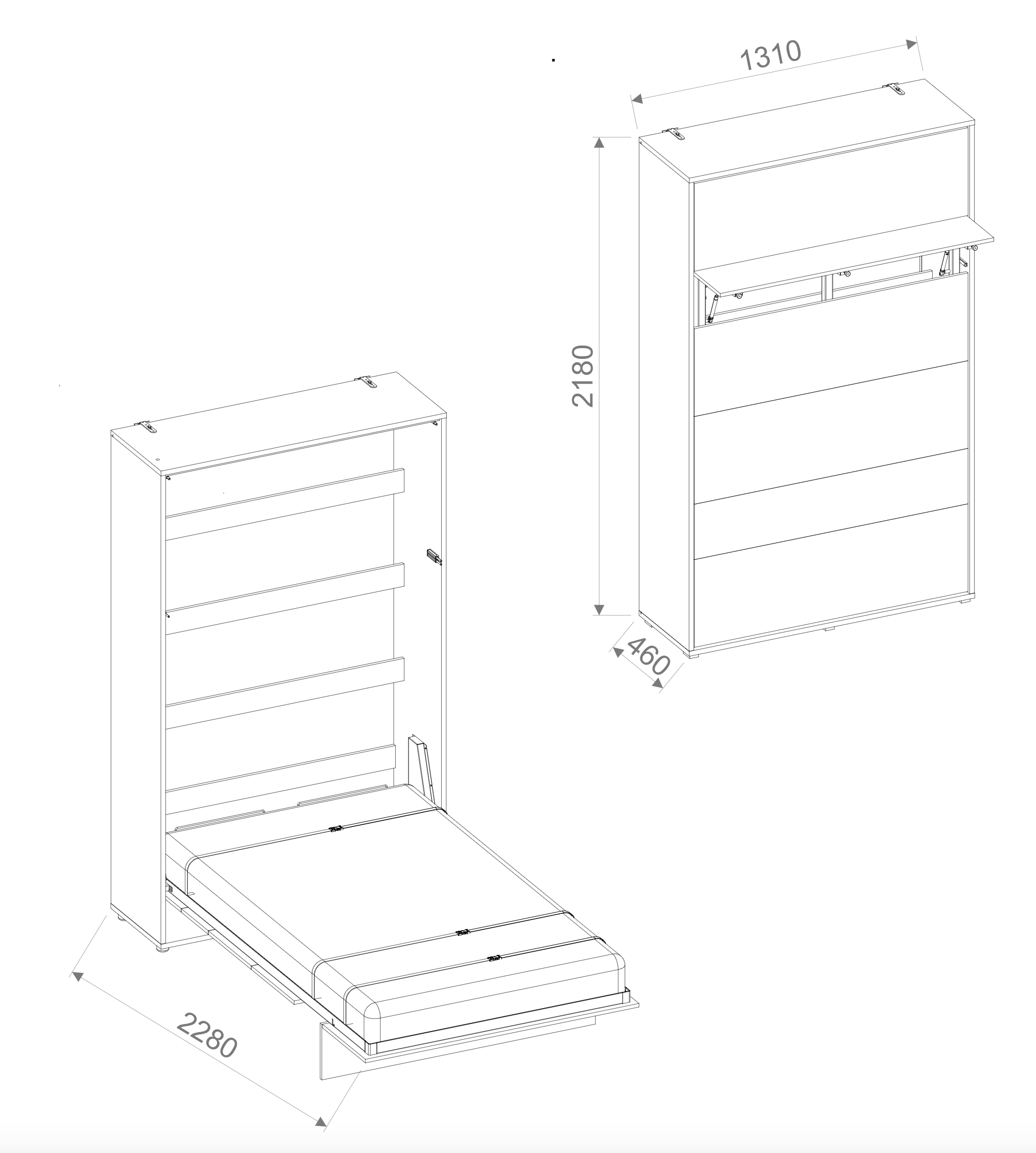 BC-02 Vertical Wall Bed Concept 120cm With Storage Cabinets and LED