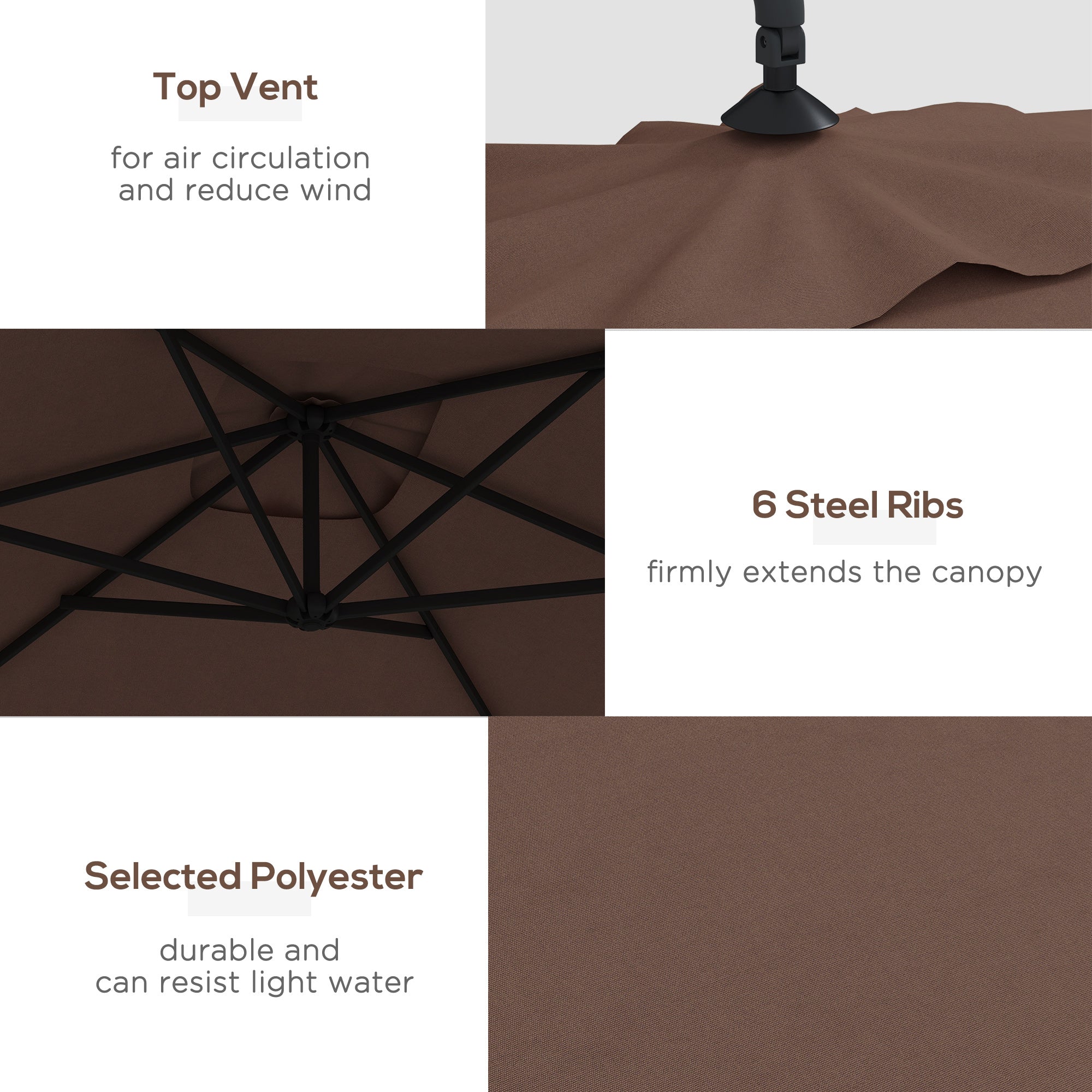 Outsunny 3m Square Canopy Cantilever Parasol, with Cross Base - Brown