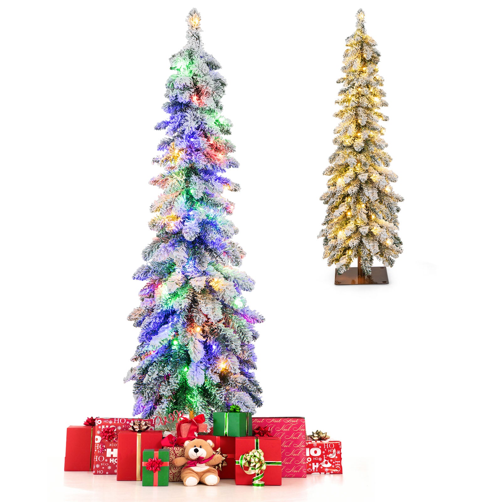 Snow-Flocked Slim Pencil Christmas Tree with 11 Lighting Modes-4FT