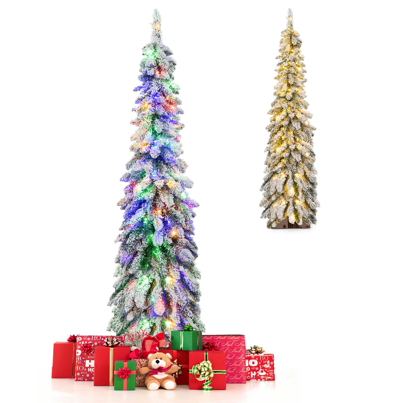 Snow-Flocked Slim Pencil Christmas Tree with 11 Lighting Modes-5FT