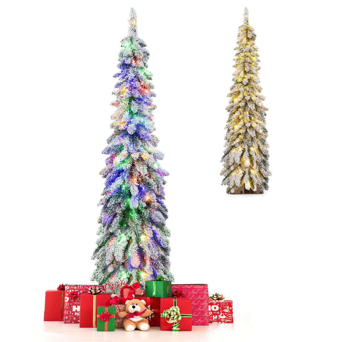 Snow-Flocked Slim Pencil Christmas Tree with 11 Lighting Modes-5FT