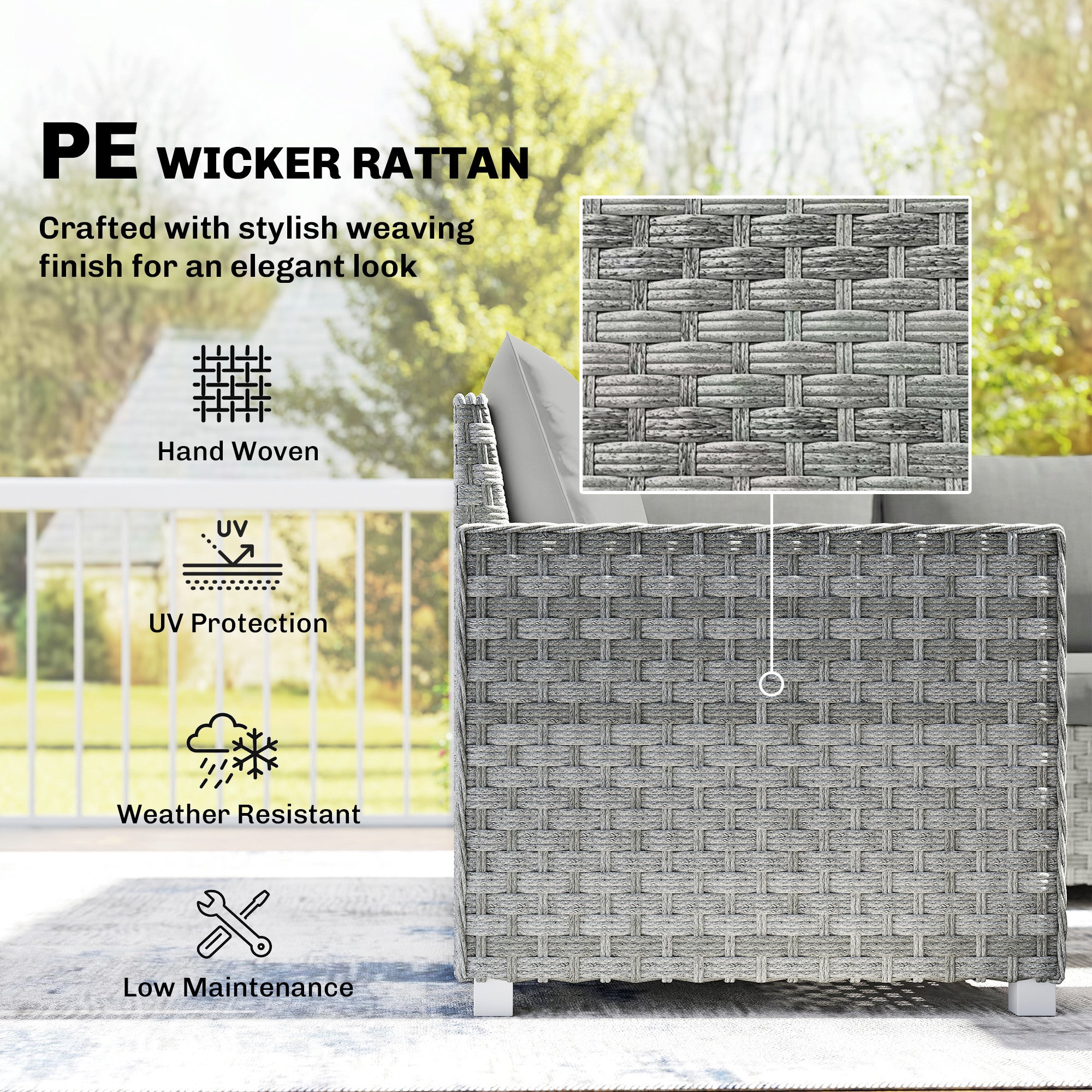 Outsunny 4 Piece Rattan Garden Furniture Set with Loveseat, 2 Armchairs, Glass-Top Table, Wicker Patio Conversation Set, Grey