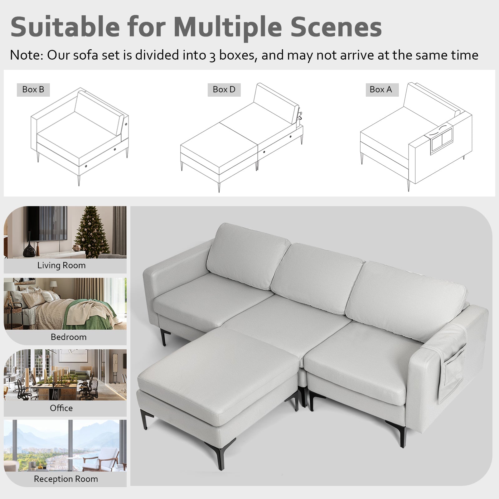 Modular L-shaped Sofa with Chaise, Reversible Ottoman, Built-in Socket-Light Grey