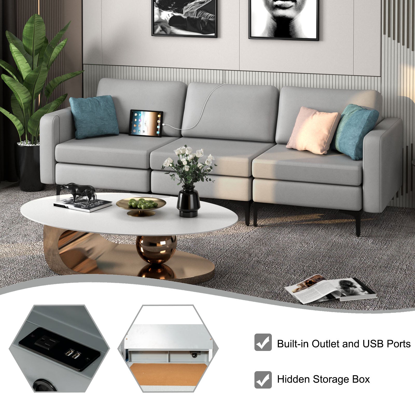 3-Seat Sofa with Magazine Caddy Holder, Socket and USB Charging Ports-Light Grey