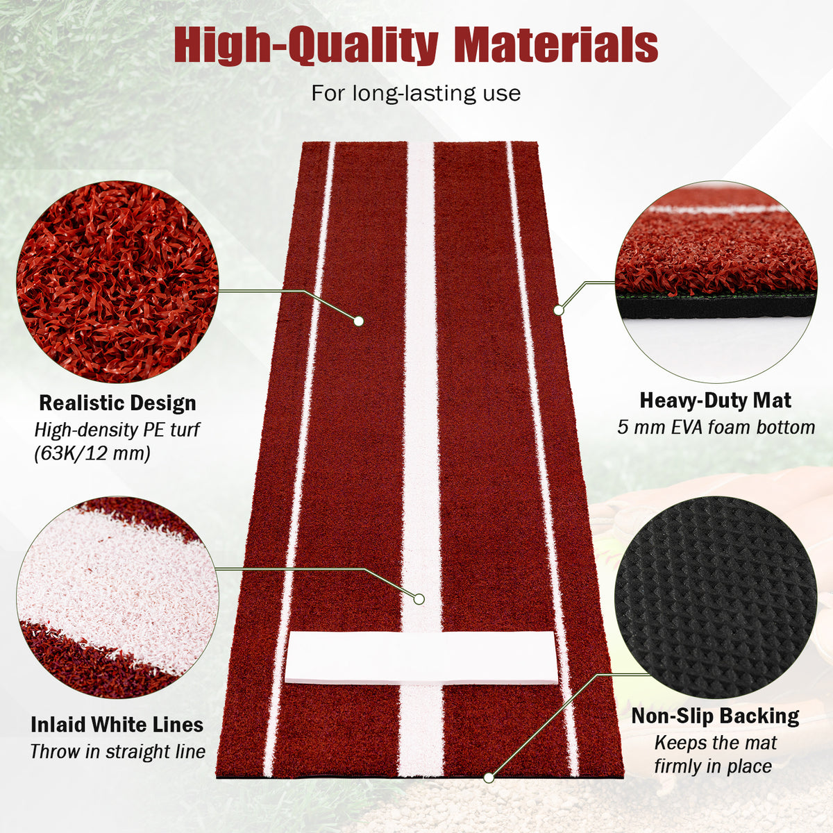 Softball Pitching Mat 10 x 3 FT Softball Training Aid with Pitching Mound-Red
