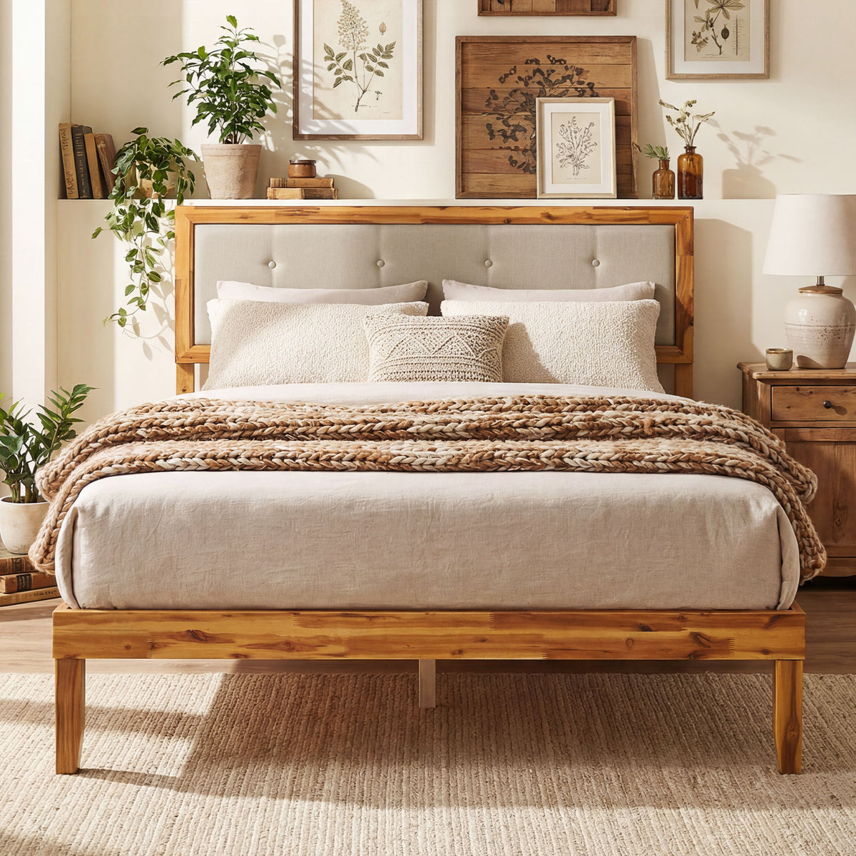 Solid Acacia Wood Bed Frame with Tufted Headboard and Ample Under-bed Space-Full Size