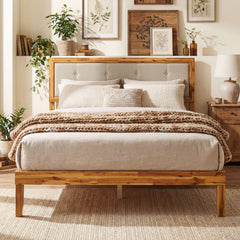 Solid Acacia Wood Bed Frame with Tufted Headboard and Ample Under-bed Space-Full Size