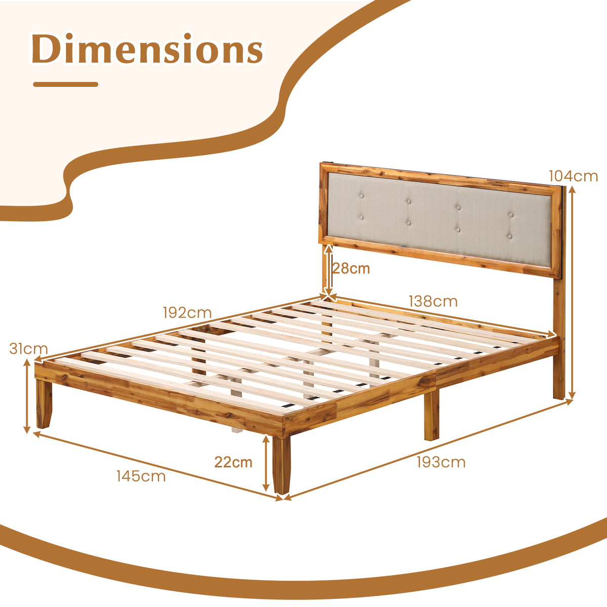 Solid Acacia Wood Bed Frame with Tufted Headboard and Ample Under-bed Space-Full Size