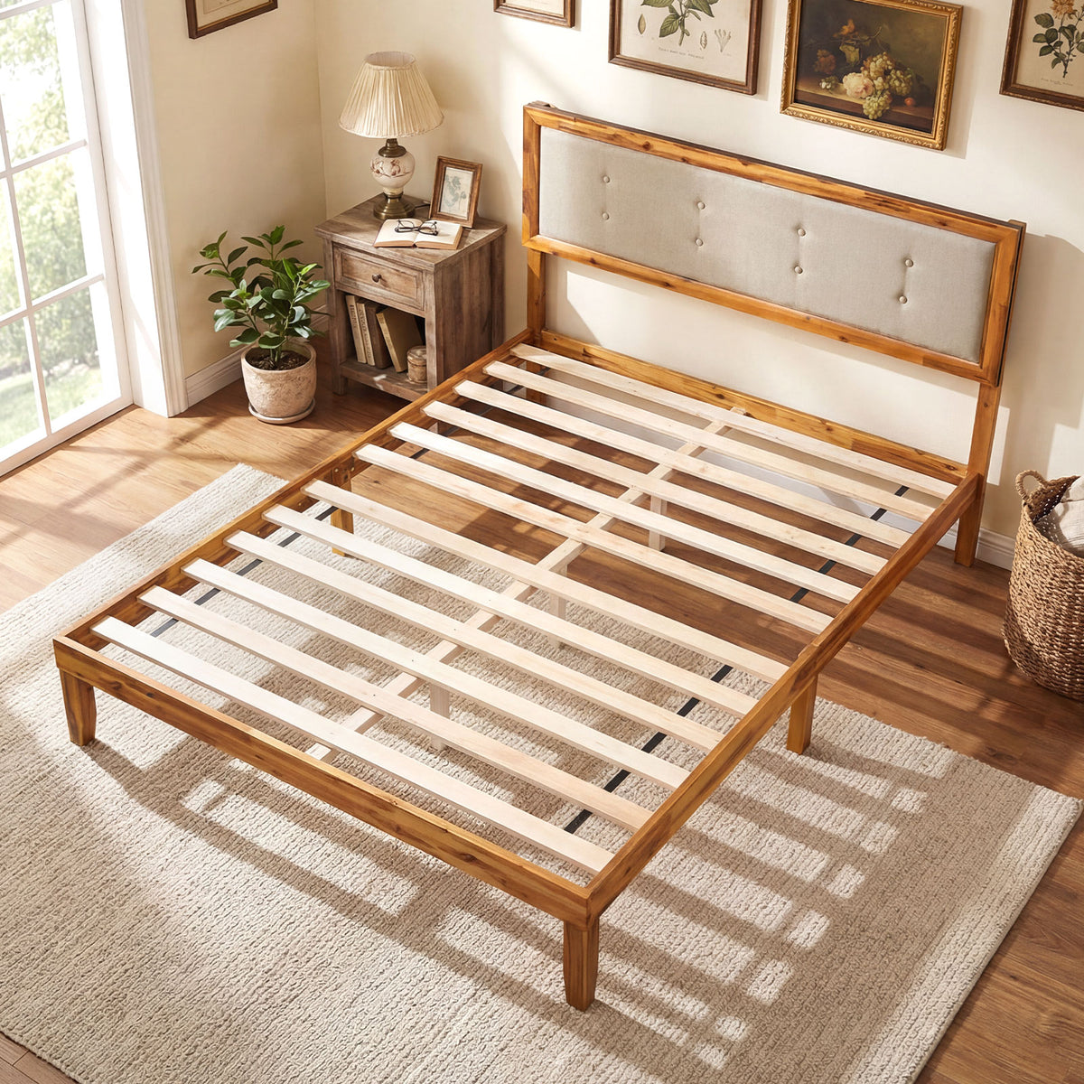 Solid Acacia Wood Bed Frame with Tufted Headboard and Ample Under-bed Space-Full Size