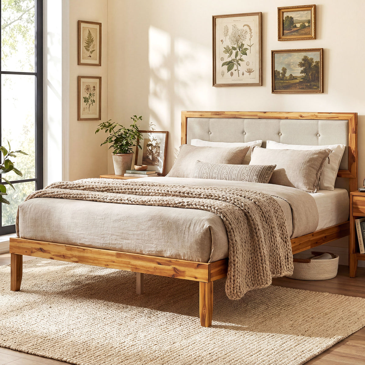 Solid Acacia Wood Bed Frame with Tufted Headboard and Ample Under-bed Space-Full Size