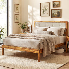 Solid Acacia Wood Bed Frame with Tufted Headboard and Ample Under-bed Space-Full Size