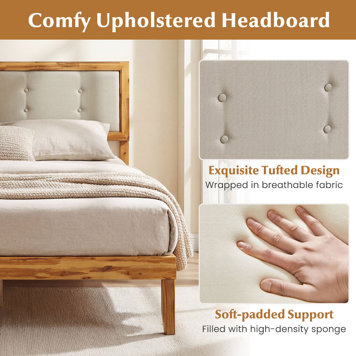 Solid Acacia Wood Bed Frame with Tufted Headboard and Ample Under-bed Space-Full Size