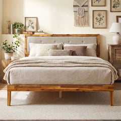 Solid Acacia Wood Bed Frame with Tufted Headboard and Ample Under-bed Space-Queen Size