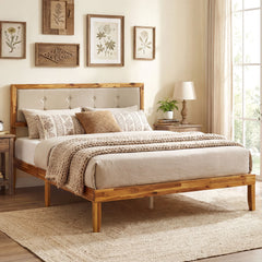 Solid Acacia Wood Bed Frame with Tufted Headboard and Ample Under-bed Space-Queen Size
