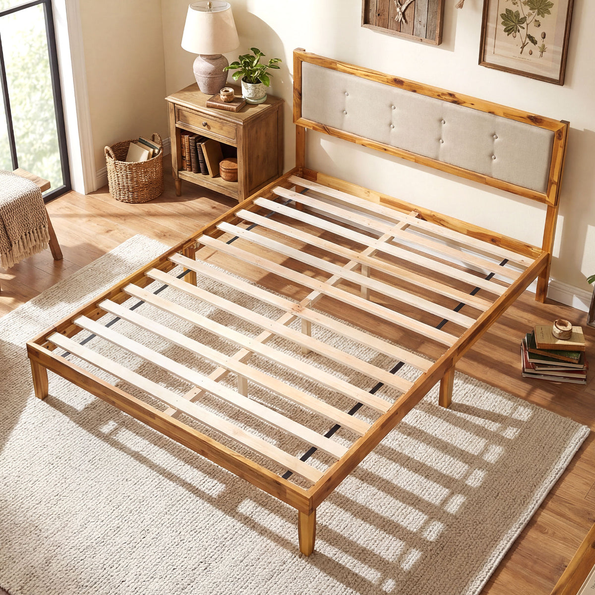 Solid Acacia Wood Bed Frame with Tufted Headboard and Ample Under-bed Space-Queen Size