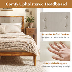 Solid Acacia Wood Bed Frame with Tufted Headboard and Ample Under-bed Space-Queen Size