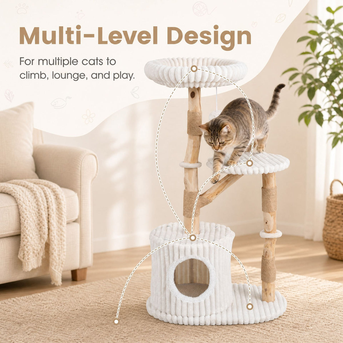 Solid Wood Cat Tree with Real Wood Branches and Scratching Posts for Indoor-Beige