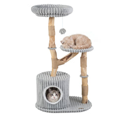 Solid Wood Cat Tree with Real Wood Branches and Scratching Posts for Indoor-Grey
