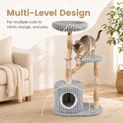 Solid Wood Cat Tree with Real Wood Branches and Scratching Posts for Indoor-Grey