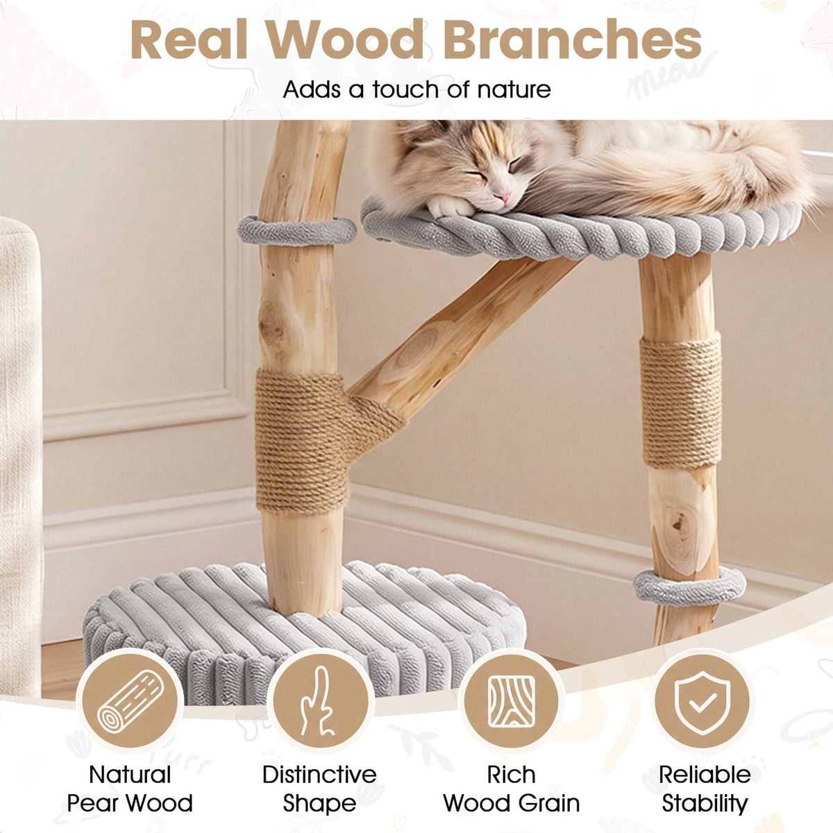 Solid Wood Cat Tree with Real Wood Branches and Scratching Posts for Indoor-Grey