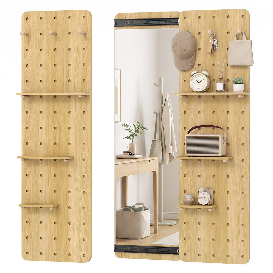 Solid Wood Wall Mounted Mirror and Pegboard Storage Organizer-Natural