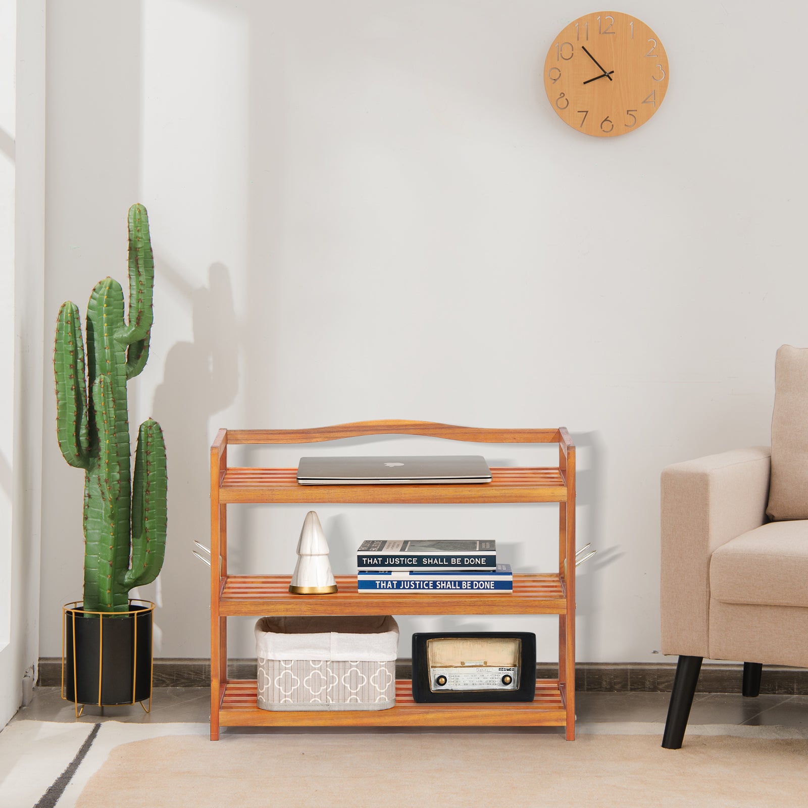 Solid Acacia Wood Shoe Rack Shelf with Side Metal Hooks-3-Tier