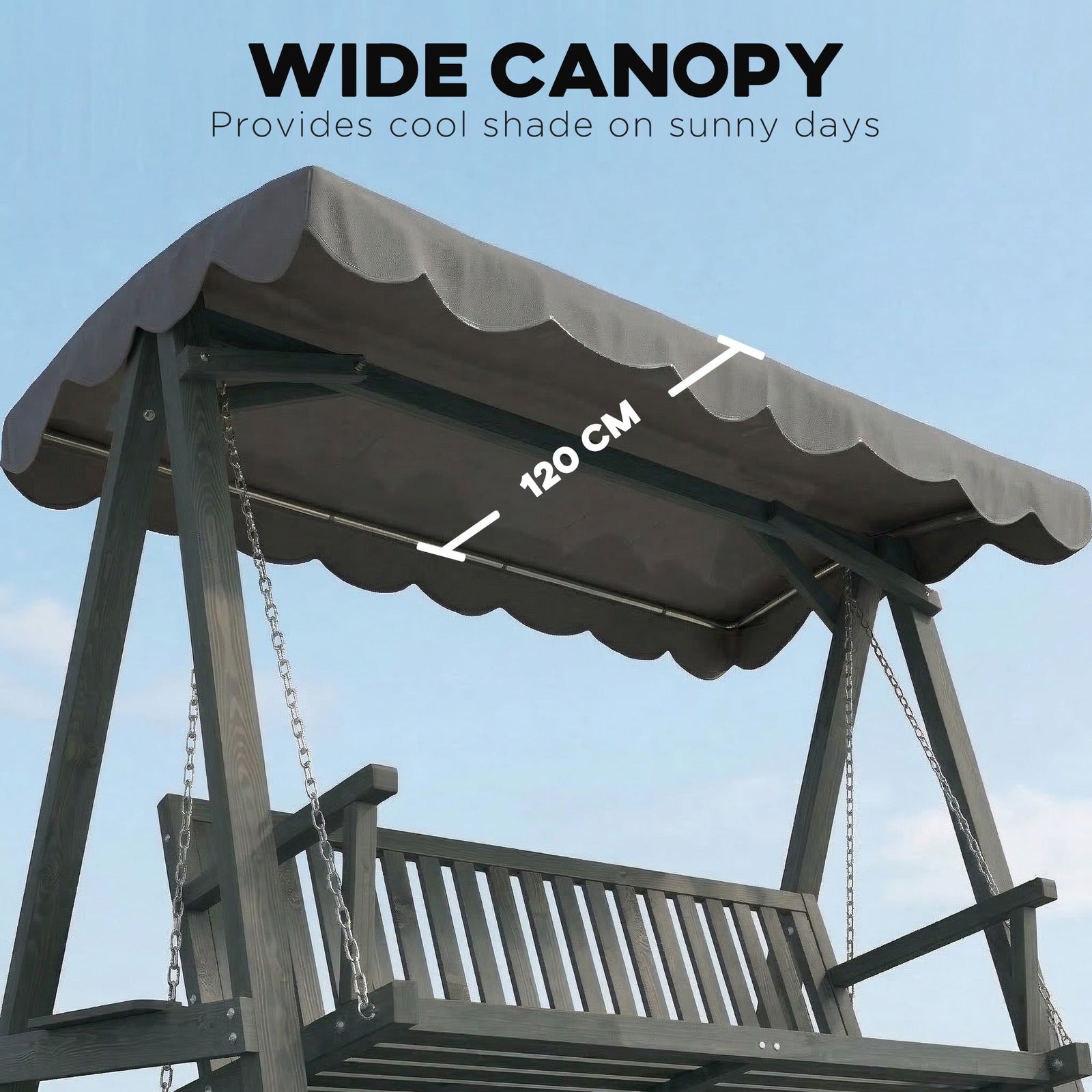 Outsunny 3 Seater Garden Swing Seat with Canopy, Wooden Swing Chair, Outdoor Hammock Bench for Balcony Patio Porch, Grey