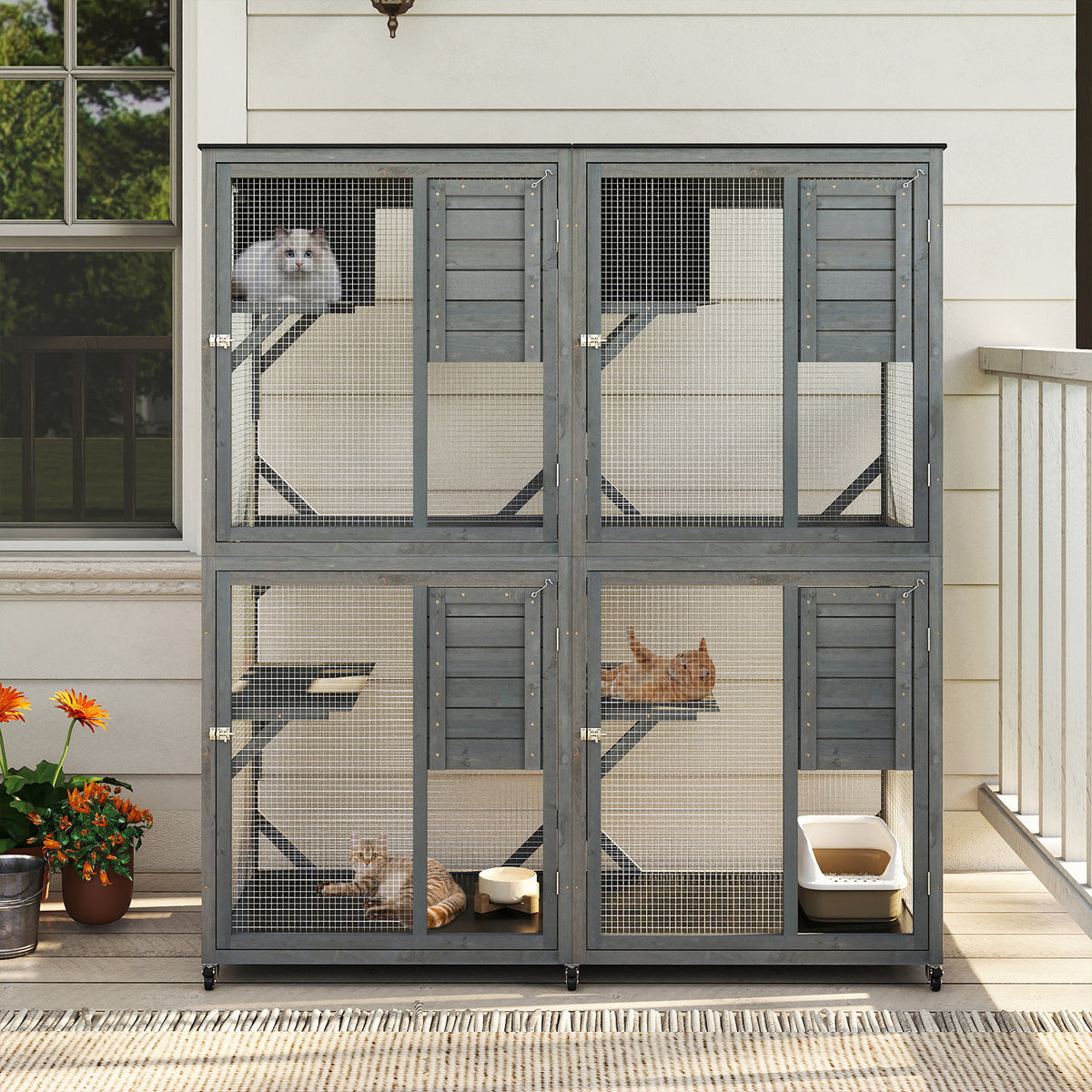 Spacious Fir Wood Outdoor Cat Enclosure with 2 Rest Nooks and 4 Activity Platforms-Grey