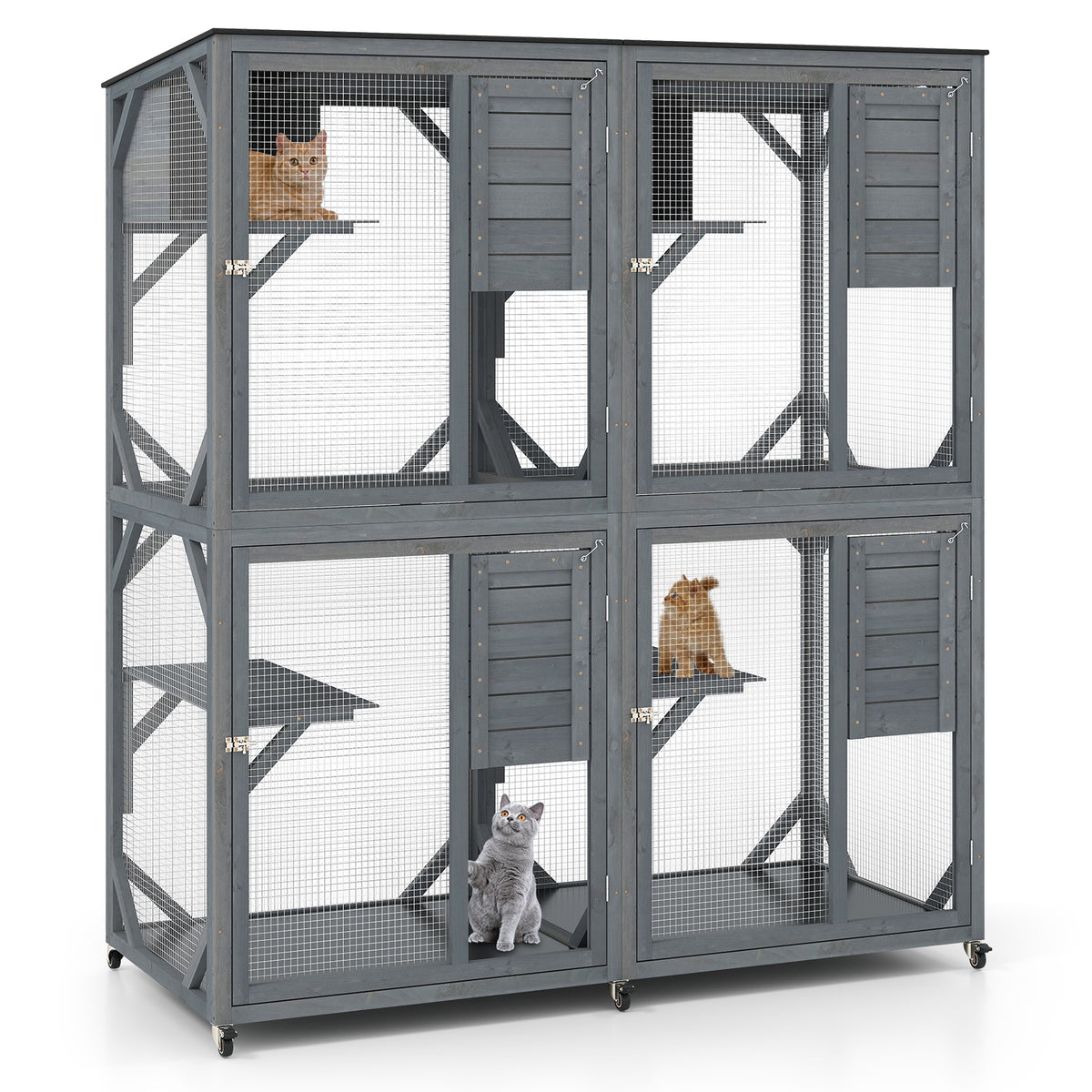 Spacious Fir Wood Outdoor Cat Enclosure with 2 Rest Nooks and 4 Activity Platforms-Grey