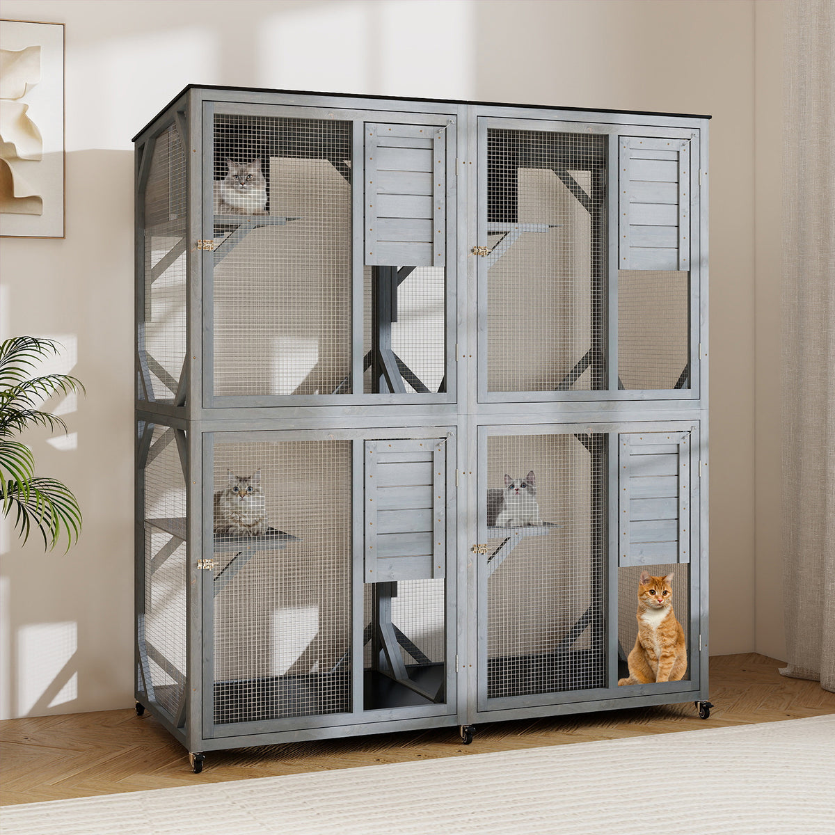 Spacious Fir Wood Outdoor Cat Enclosure with 2 Rest Nooks and 4 Activity Platforms-Grey
