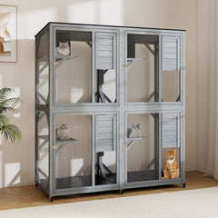 Spacious Fir Wood Outdoor Cat Enclosure with 2 Rest Nooks and 4 Activity Platforms-Grey